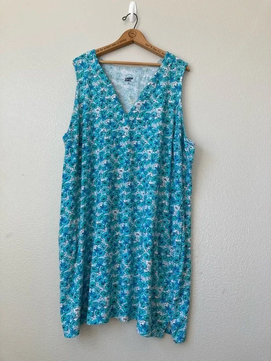 Lands' End Cotton Floral Knit Shift Dress Stretch Sleeveless Split V neck sz 3X - Picture 1 of 13